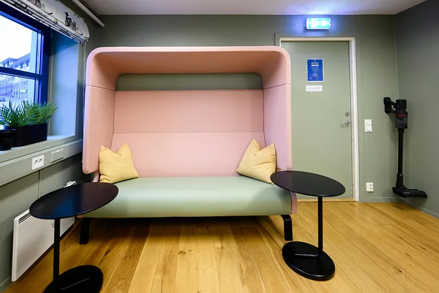 Sitteområde med polstret sofa, puter og små bord ved vindu